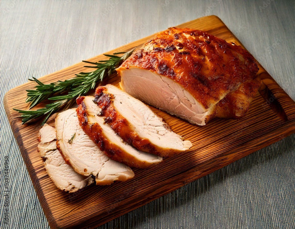roast chicken breast on a wooden chopping board