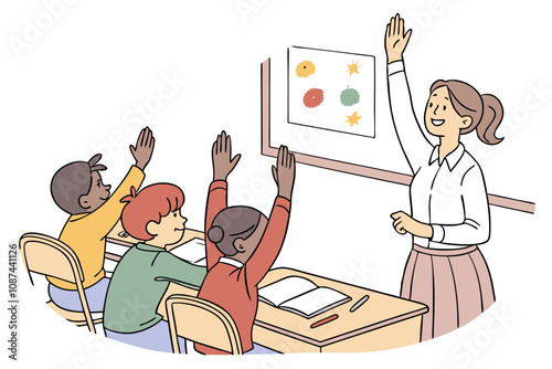 The primary school students actively raise their hands to answer questions