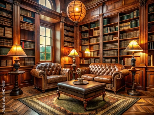 Luxurious Library Interior with Leather Seating and Ornate Bookcases - Minimalist Design, Cozy Reading Nook, Elegant Decor, Home Office Inspiration, Rich Textures