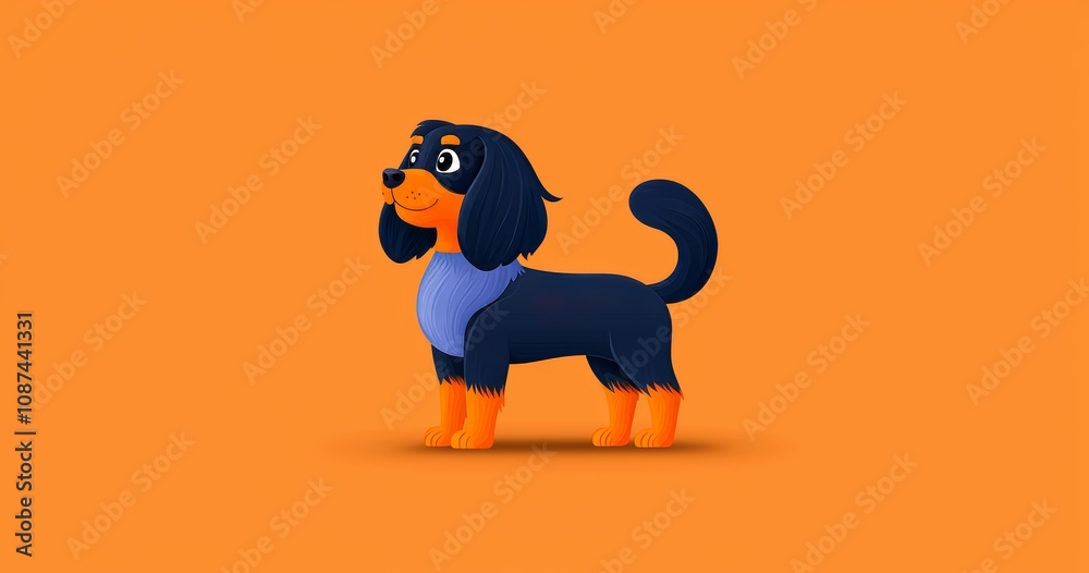 An isolated cartoon of a cavalier charles king spaniel dog, standing still with a red collar and a gold heart smiling smiling; a black and brown purebred dog. An isolated cartoon of a cavalier charles king spaniel dog, standing still with a red collar and a gold heart smiling smiling; a black and brown purebred dog.