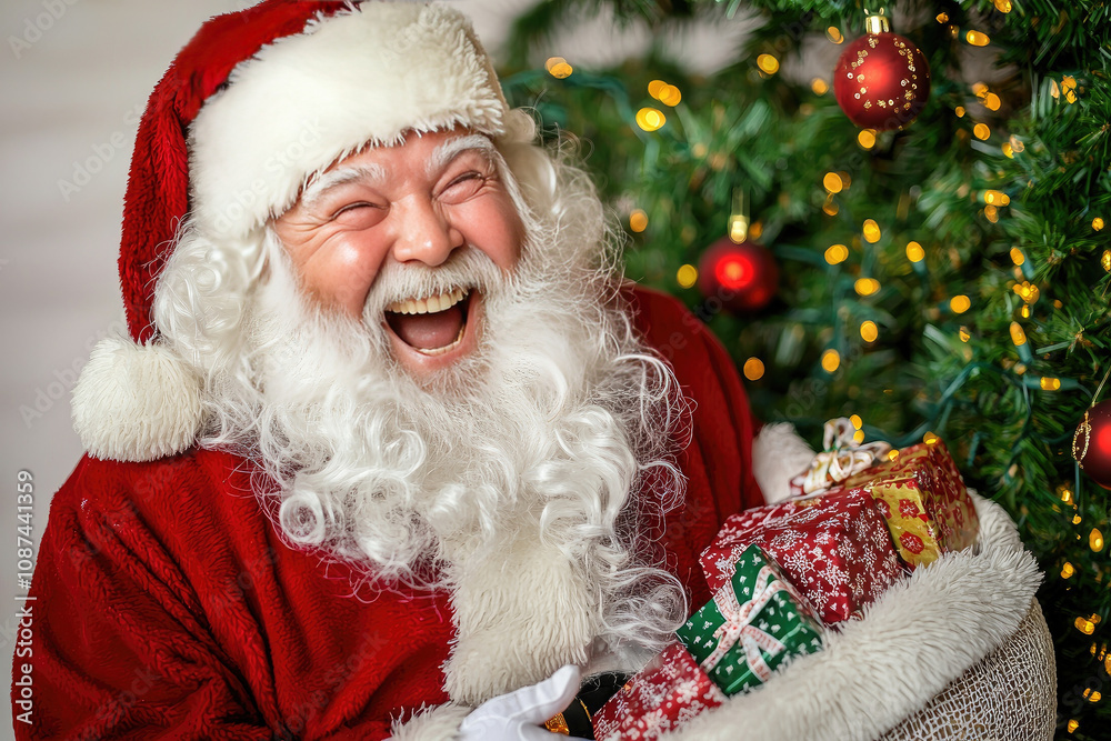 Santa Claus laughing joyfully with sack of gifts by Christmas tree Santa Claus laughing joyfully with sack of gifts by Christmas tree