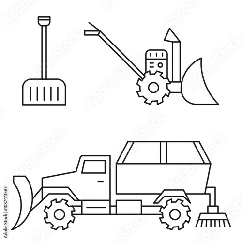 Devices for cleaning snow with a thin line. Symbols of industrial snow removal.