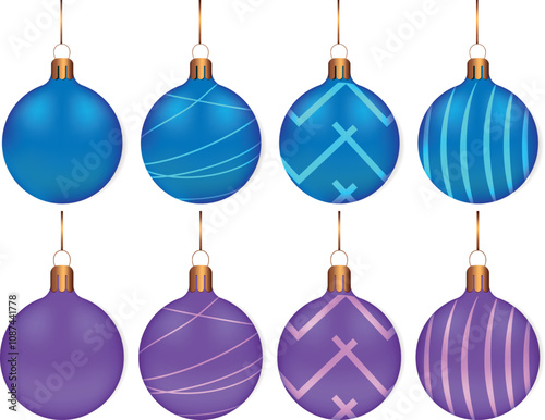 Set of blue and purple Christmas baubles on transparent background