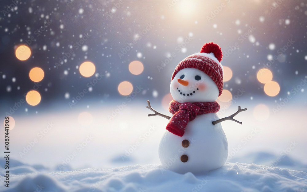 Christmas winter background, snowman and blurred bokeh background with copy space. Merry Christmas and happy new year greeting card concept Christmas winter background, snowman and blurred bokeh background with copy space. Merry Christmas and happy new year greeting card concept