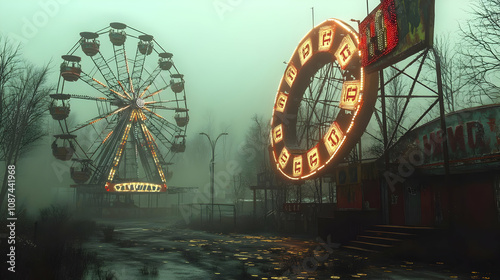 An eerie, abandoned amusement park featuring a forgotten Ferris wheel shrouded in mist and illuminated signs.