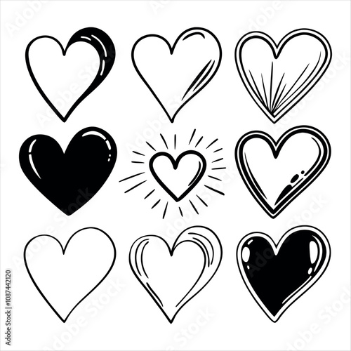 Simple Black Heart Line and outline Art Set, love vector Silhouette