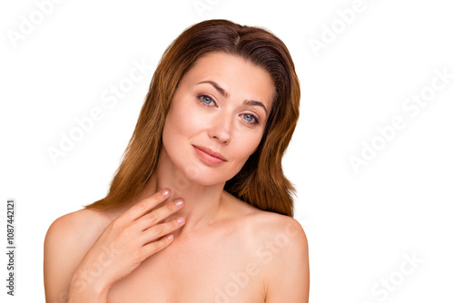 Close up photo beautiful amazing mature cute she her lady hold hands arms touch neck fingers show got much younger soft skin result anti-age procedures nude purity isolated pastel beige background photo