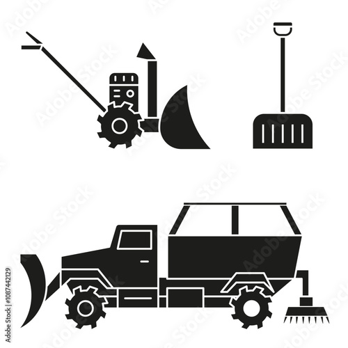 Symbols of industrial snow removal. Snow removal equipment dark full icons.