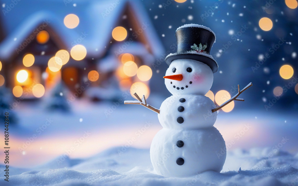 Christmas winter background, snowman and blurred bokeh background with copy space. Merry Christmas and happy new year greeting card concept Christmas winter background, snowman and blurred bokeh background with copy space. Merry Christmas and happy new year greeting card concept