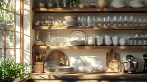 A beautifully organized kitchen shelf filled with glassware, plates, and wooden utensils, illuminated by natural light.