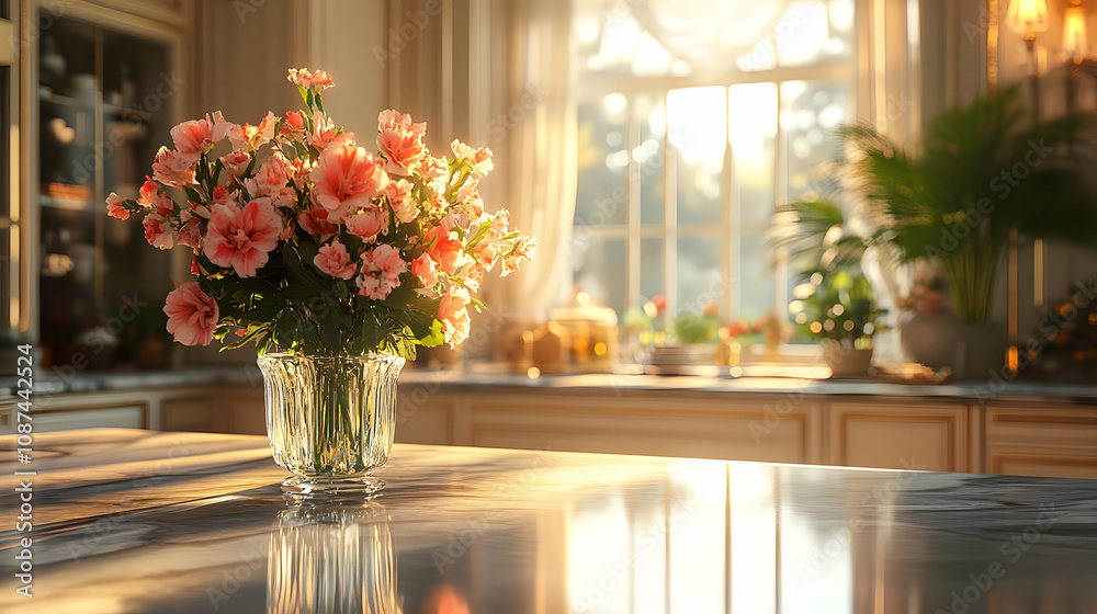 A beautiful vase of blooming pink flowers on a sunlit kitchen counter, creating a warm and inviting atmosphere. A beautiful vase of blooming pink flowers on a sunlit kitchen counter, creating a warm and inviting atmosphere.