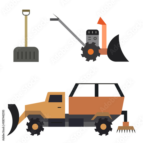 Snow removal equipment color pictures. Symbols of industrial snow removal.