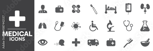 Medical Icons Set, Containing All Mediacal Signs Icons Outlines, Vector Illustration Collection Editable eps10