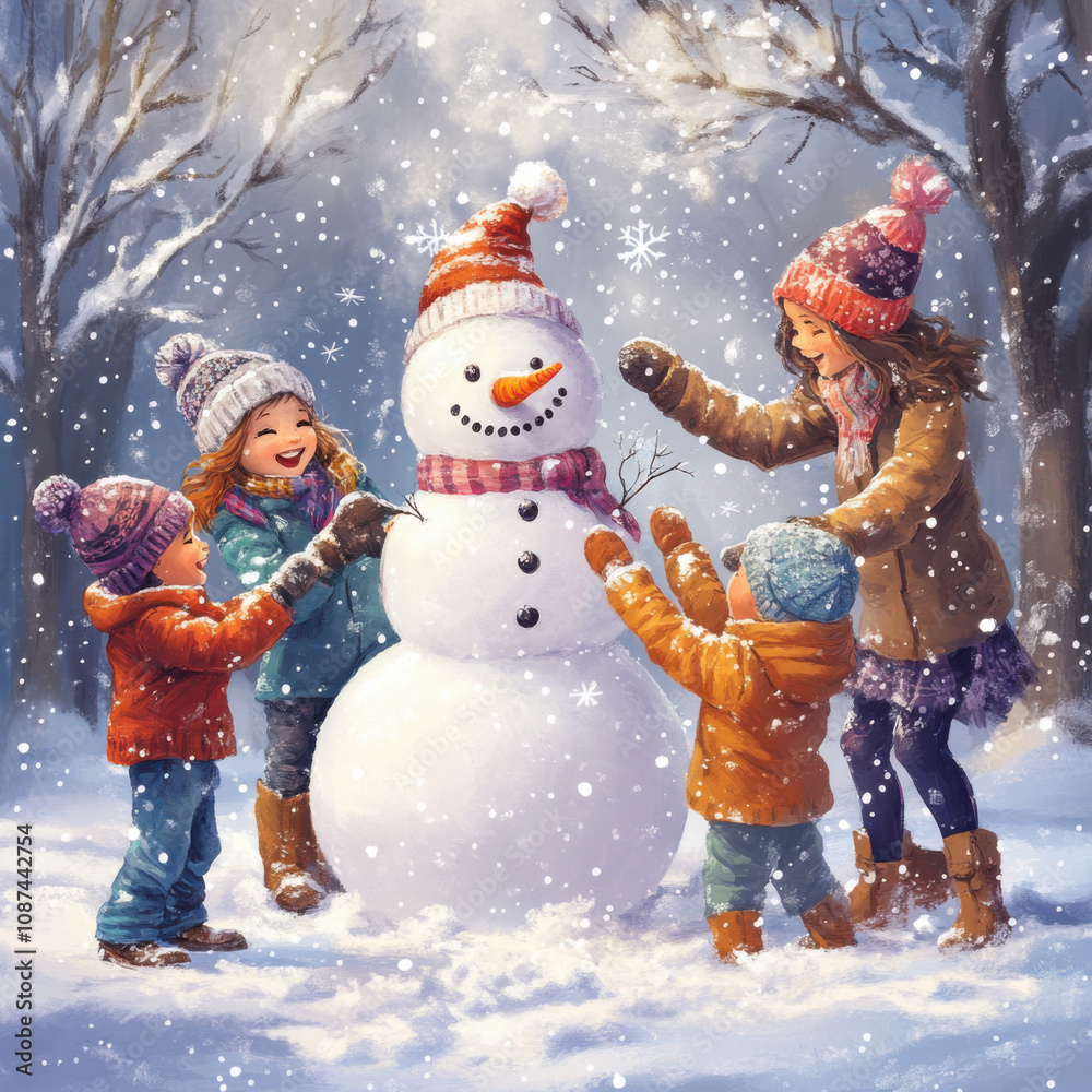 Joyful Children Building a Snowman in a Winter Wonderland Filled with Snowflakes and Trees, Capturing the Essence of Holiday Cheer and Family Bonding Joyful Children Building a Snowman in a Winter Wonderland Filled with Snowflakes and Trees, Capturing the Essence of Holiday Cheer and Family Bonding
