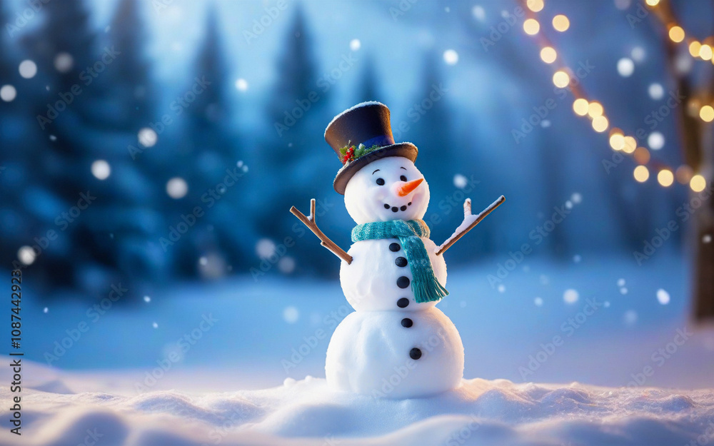 Fototapeta premium Christmas winter background, snowman and blurred bokeh background with copy space. Merry Christmas and happy new year greeting card concept