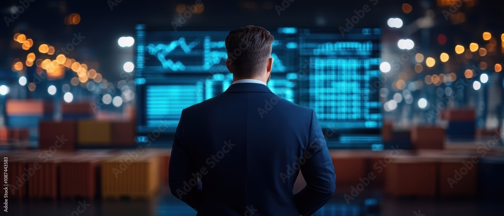 Fototapeta premium Tariffs and Trade policy agreement concept. A professional looking at data visualizations in a futuristic setting, highlighting analytics and business insights.