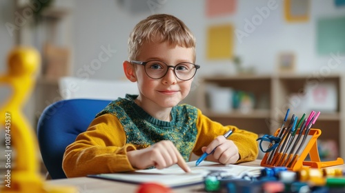 Child with learning disabilities focusing on reading with specialized learning tools