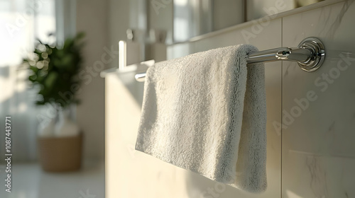 A clean white towel hanging elegantly in a modern bathroom, adding a touch of freshness and comfort. photo