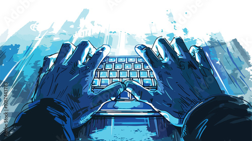Professional Man Typing on Blue Backlit Keyboard
