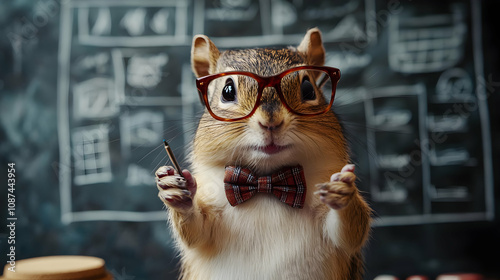 A clever squirrel wearing glasses and a bowtie, posing humorously in an academic setting, blending charm and wit. photo