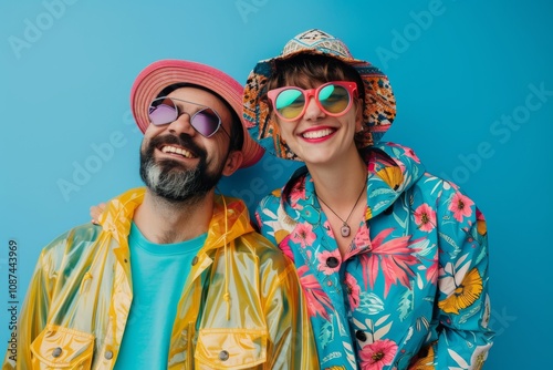 Portrait of a glad couple in their 40s wearing a vibrant raincoat in front of pastel blue background