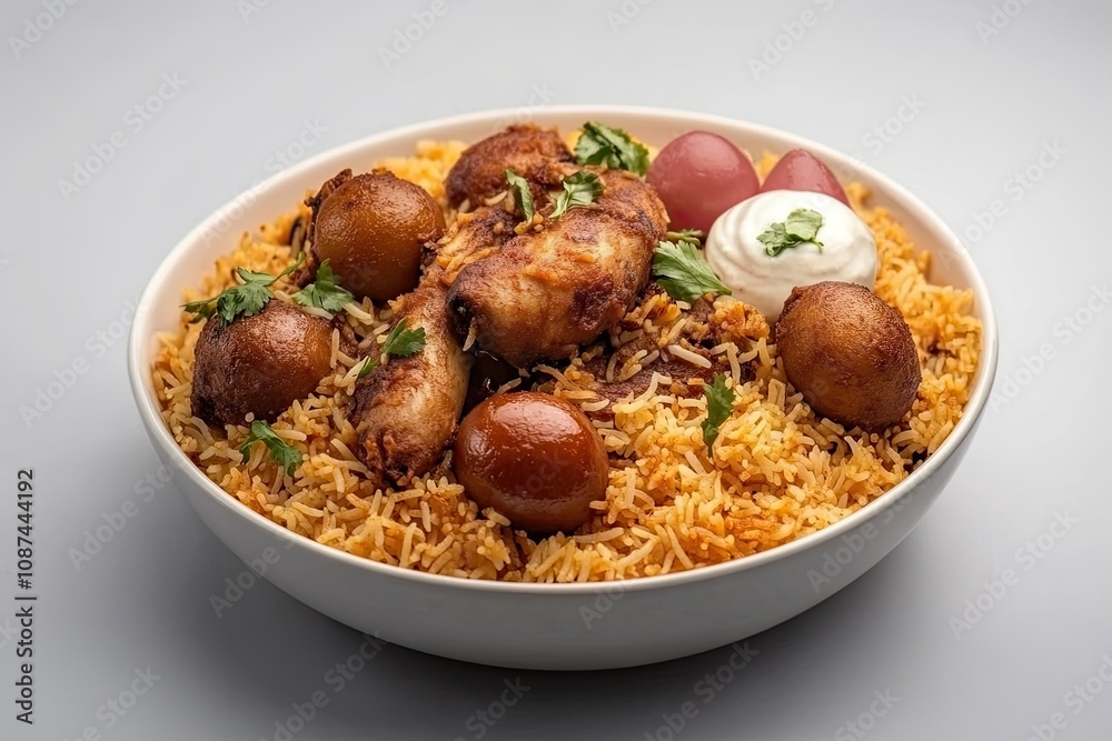 Indian spicy mutton Biryani with raita and gulab jamun Served in a dish side view on grey background Indian spicy mutton Biryani with raita and gulab jamun Served in a dish side view on grey background