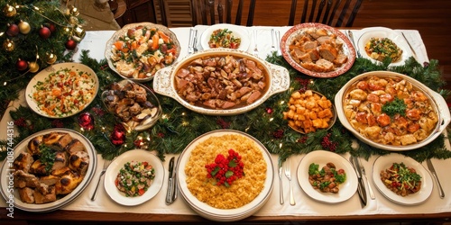 Christmas dinner table from above with platters, serving bowls, and an array of traditional dishes.