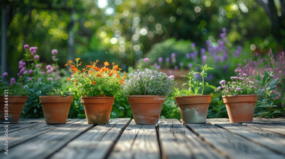 Five terracotta pots with blooming flowers in a row on a wooden deck in a garden. Five terracotta pots with blooming flowers in a row on a wooden deck in a garden.