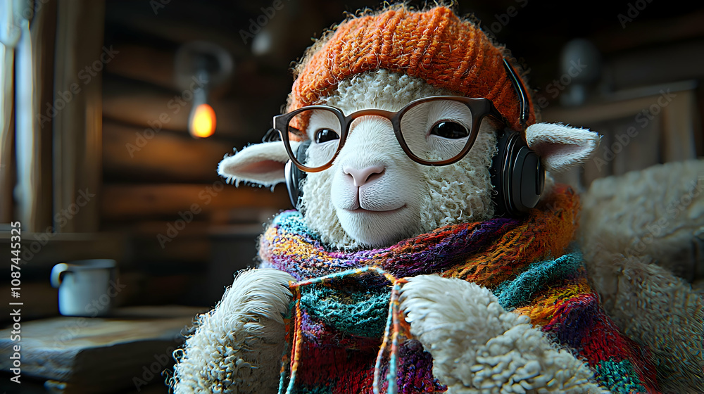 A cozy sheep wearing headphones and glasses, enjoying a relaxed moment in a rustic cabin setting. A cozy sheep wearing headphones and glasses, enjoying a relaxed moment in a rustic cabin setting.