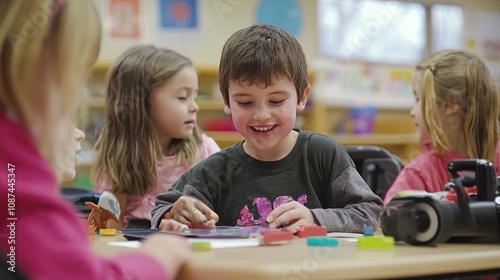 Classroom with children of varying abilities, working together on a group project