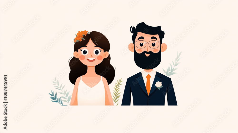 Illustration of a smiling cartoon bride and groom with floral elements. The bride has a floral headpiece and the groom wears glasses and a suit with a floral boutonniere. Illustration of a smiling cartoon bride and groom with floral elements. The bride has a floral headpiece and the groom wears glasses and a suit with a floral boutonniere.