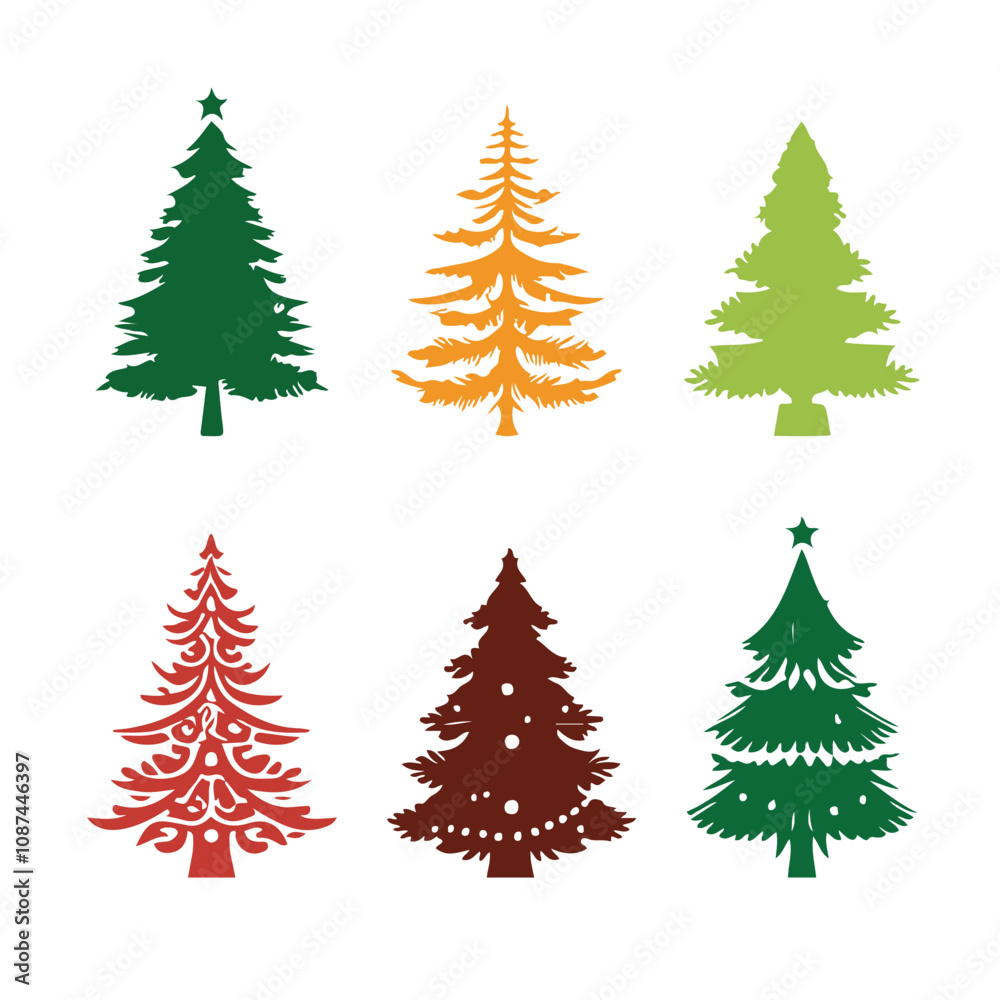Obraz premium Illustration of Three aligned adorned minimalist Christmas trees with star on top, snowed landscape, cartoon clipart in pastel tones, 2D vector art