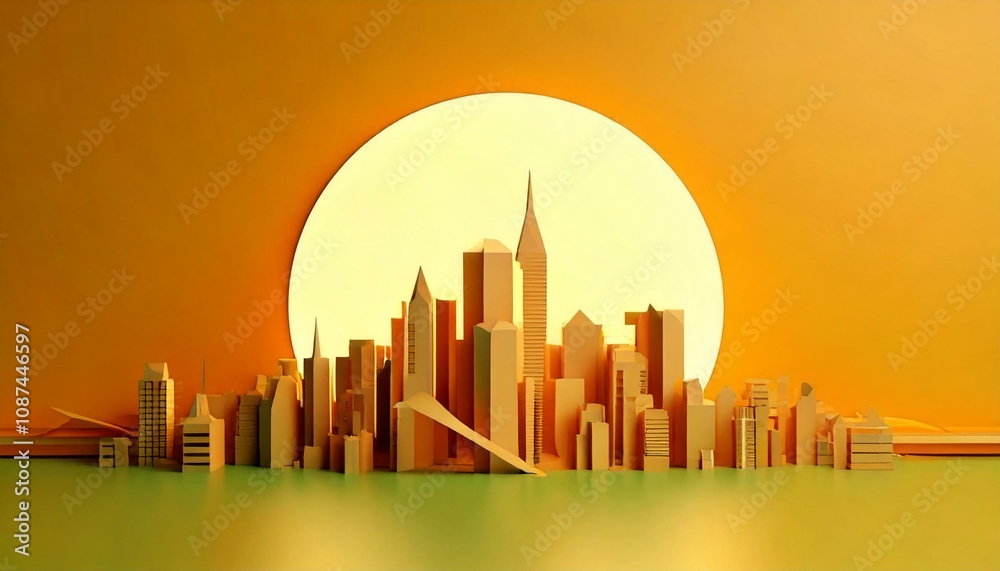 Obraz premium Business concept of forecast, increase and recovery. A vibrant sunset casts a warm glow over a stylized city skyline, showcasing tall buildings against an orange backdrop.