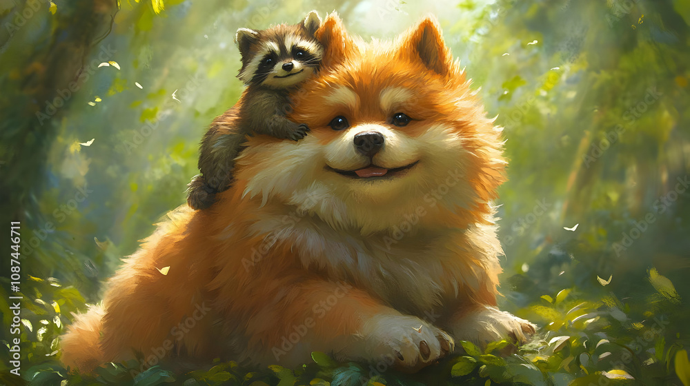 A cute raccoon and fluffy dog share a joyful moment in a vibrant forest setting, capturing the essence of friendship. A cute raccoon and fluffy dog share a joyful moment in a vibrant forest setting, capturing the essence of friendship.