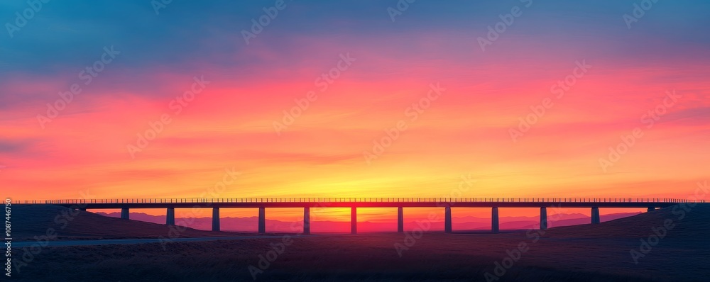 Naklejka premium A stunning sunset casts vibrant colors over a bridge, creating a picturesque scene with silhouettes against a backdrop of pink and orange hues.