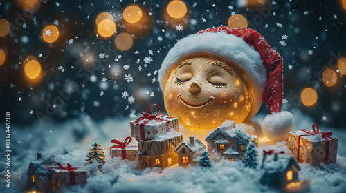 Glowing Smiley Moon with Santa Hat Over Miniature Christmas Village in Snowfal