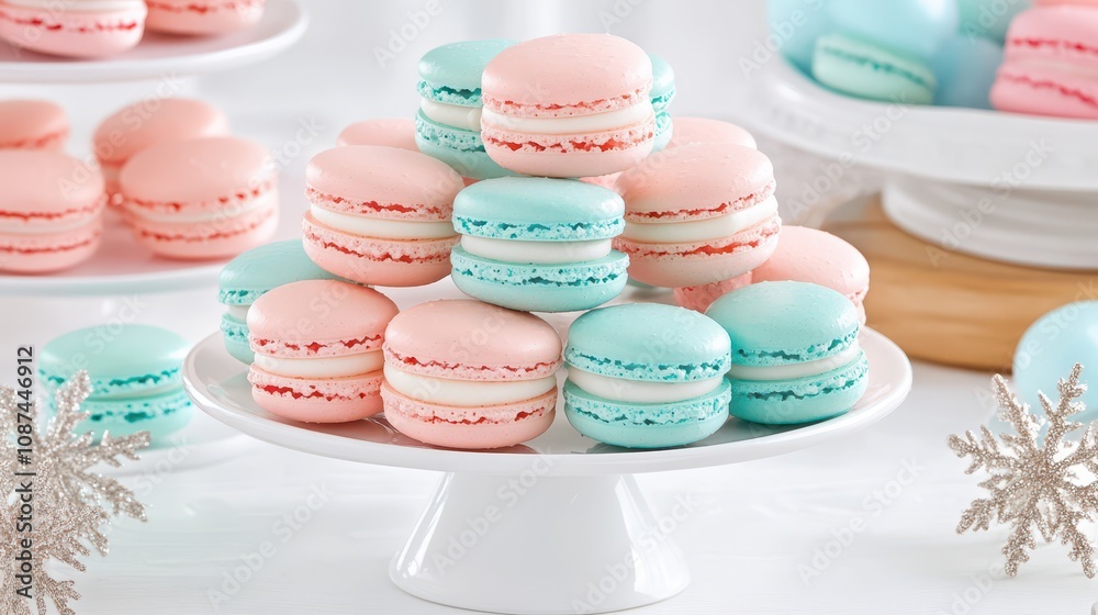 A pastel macaron tower arranged on a cake stand with a dotted party hat, set against a playful teal background with floating balloons. A pastel macaron tower arranged on a cake stand with a dotted party hat, set against a playful teal background with floating balloons.