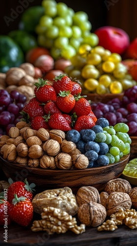 A vibrant display of assorted fruits and nuts arranged in bowls, showcasing freshness and variety.