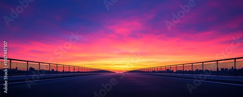 A stunning sunset paints the sky in vibrant shades of pink and purple above a tranquil road, creating a serene and picturesque landscape.