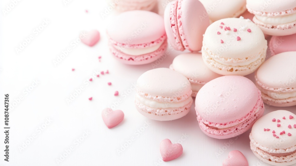 Fototapeta premium Soft pink and white macarons with heart sprinkles on a white background, creating a delicate and romantic mood.
