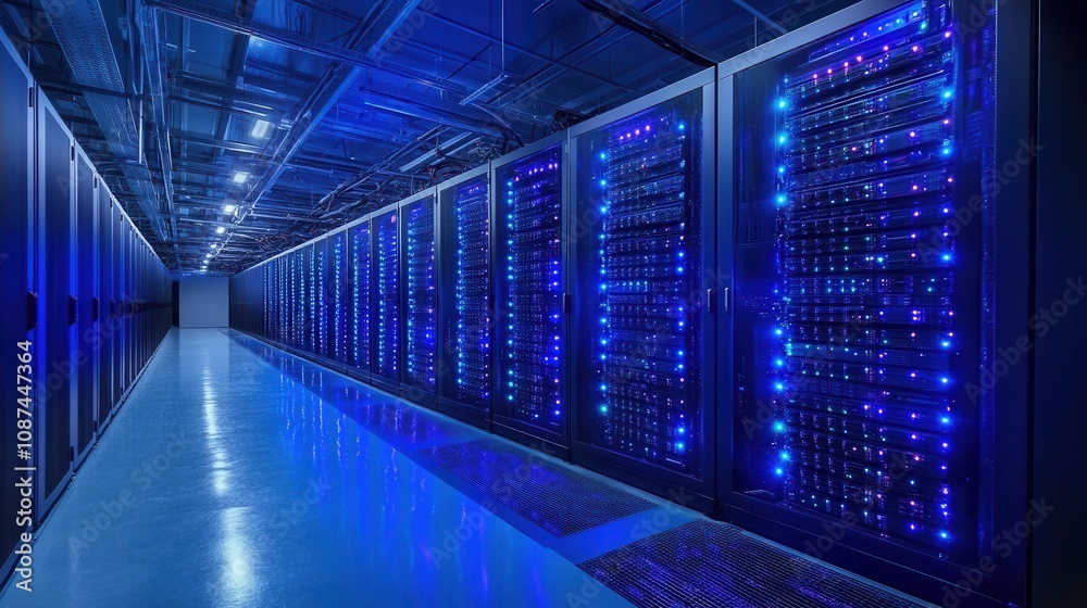 Rows of servers in a data center glow with blue lights while functioning at night.
