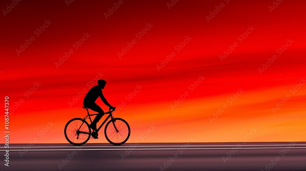 Fototapeta premium A silhouette of a cyclist rides against a vibrant sunset, showcasing a serene moment of adventure and freedom on an empty road.