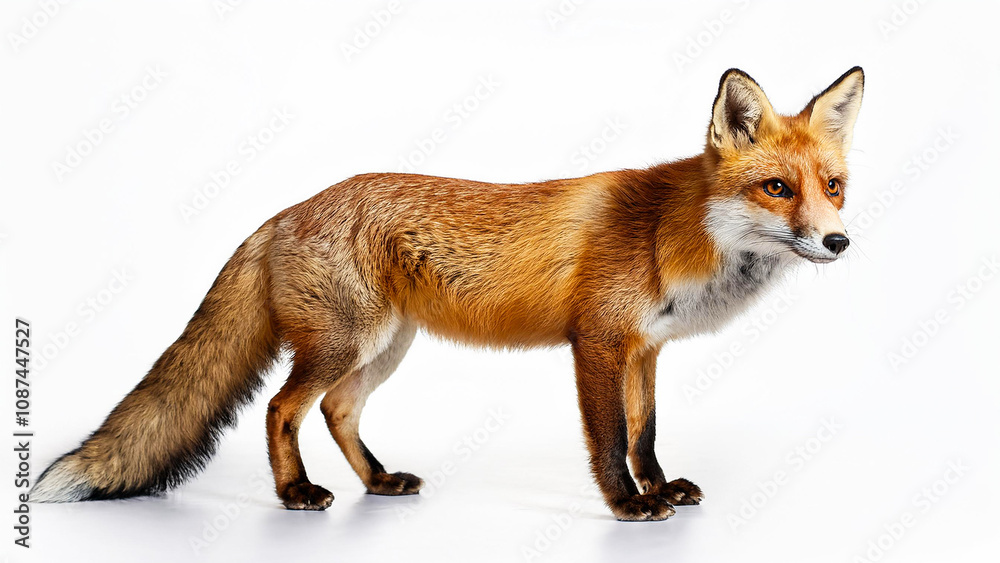 Obraz premium The red fox stands on a white background.