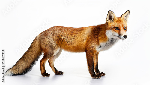 The red fox stands on a white background.