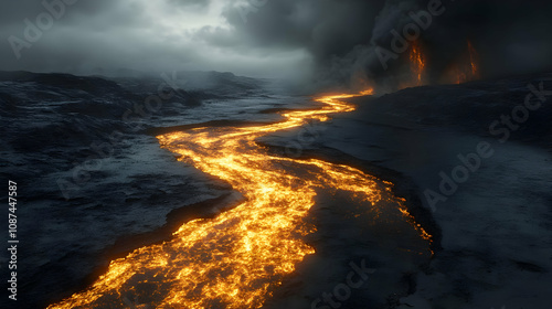 A dramatic volcanic landscape featuring flowing lava under a moody sky, showcasing nature's raw power and beauty.