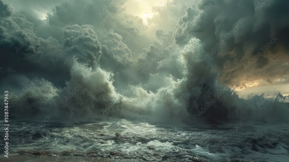 Dramatic stormy seascape with a bright light breaking through the clouds. Dramatic stormy seascape with a bright light breaking through the clouds.