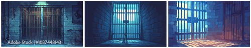 prison cell. brick cage with iron bars dark background cartoon, jail confinement stone walls metal lock isolation set vector illustration