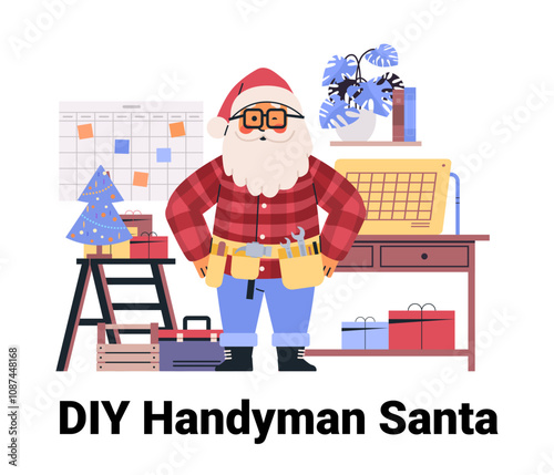 DIY Handyman Santa workshop tools gifts festive scene calendar desk ladder plant