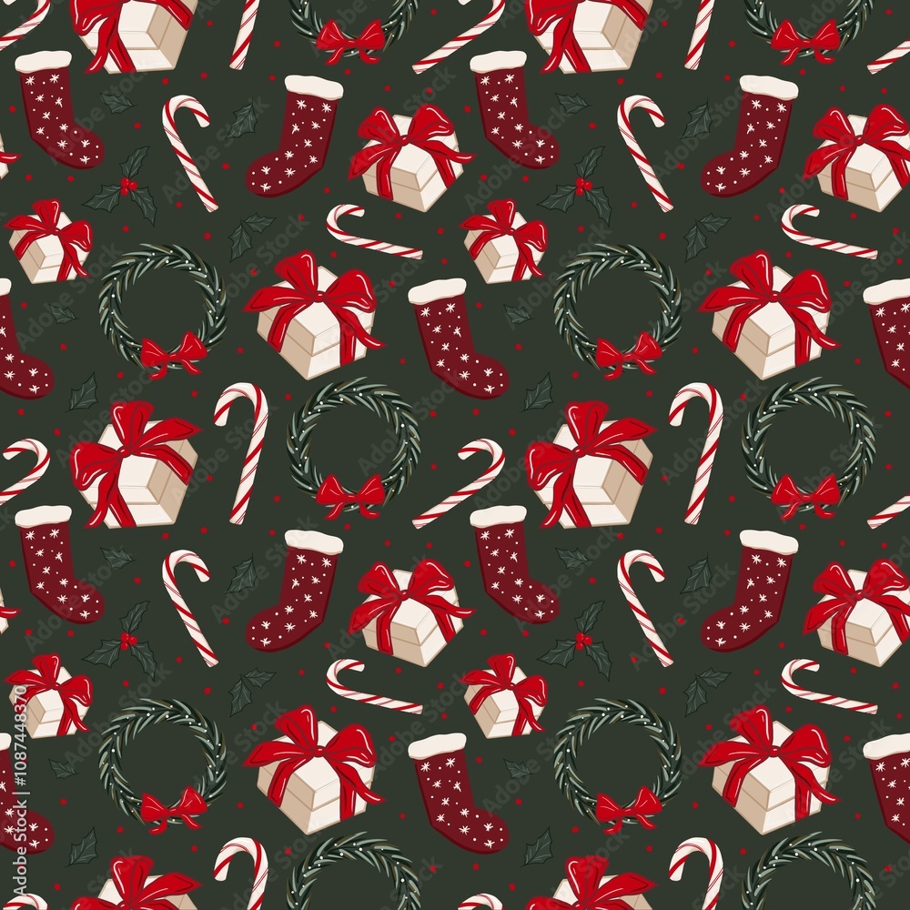 Fototapeta premium Merry Christmas seamless pattern with candy, socks, gifts and Christmas wreath. Wrapping, background, textile, packing, wallpaper 