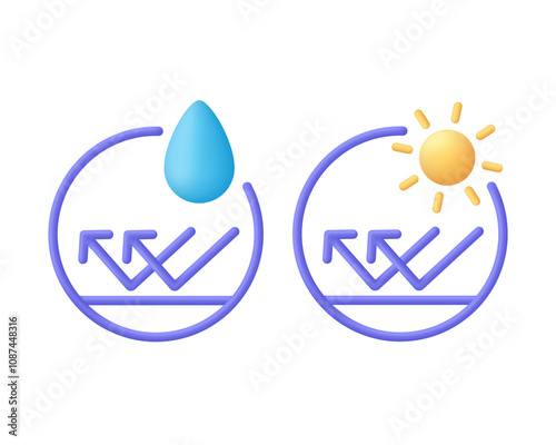 3D Set with Waterproof icon and SPF Sun Ray Resistant Sunblock. Protect from uv radiation and SPF 50.
